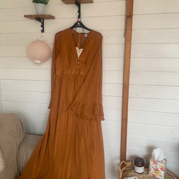 Shimmer Chiffon Ruffle Sleeve Maxi Dress Rust - Picture 4 of 5